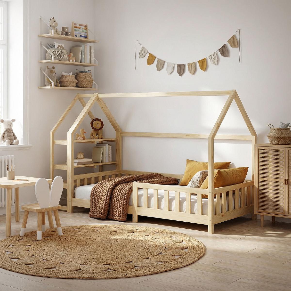 KINDERBETT 90x200 cm mit Matratze & Regal Natur aus Kiefernholz - Naturfarben, Holz (90/200cm) - ML-DESIGN