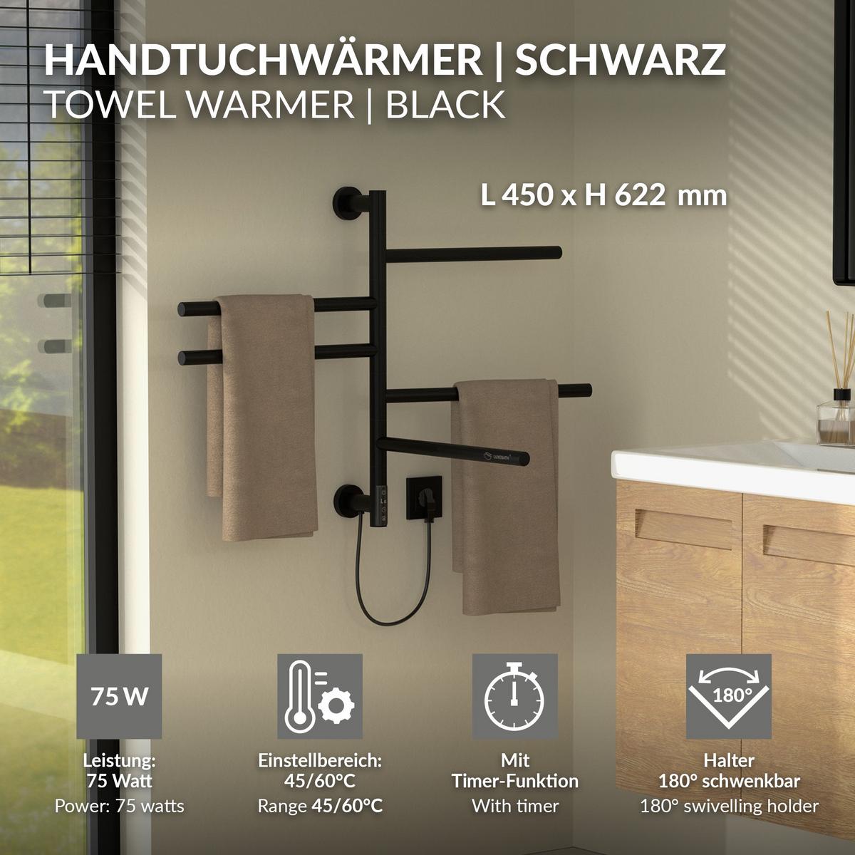 HANDTUCHWÄRMER Elektrisch Schwarz matt 75W 450x622 mm 180° drehbar - Schwarz, Metall (45/62.2/3cm) - LuxeBath