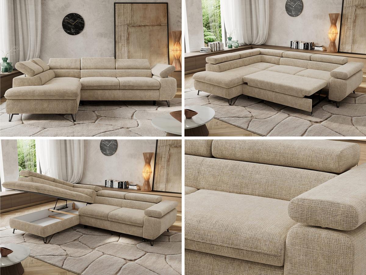 ECKSOFA PABLO L Beige Schenille grob gewebt - Links Seite - Beige/Schwarz, Textil/Metall (208/273cm) - MKS