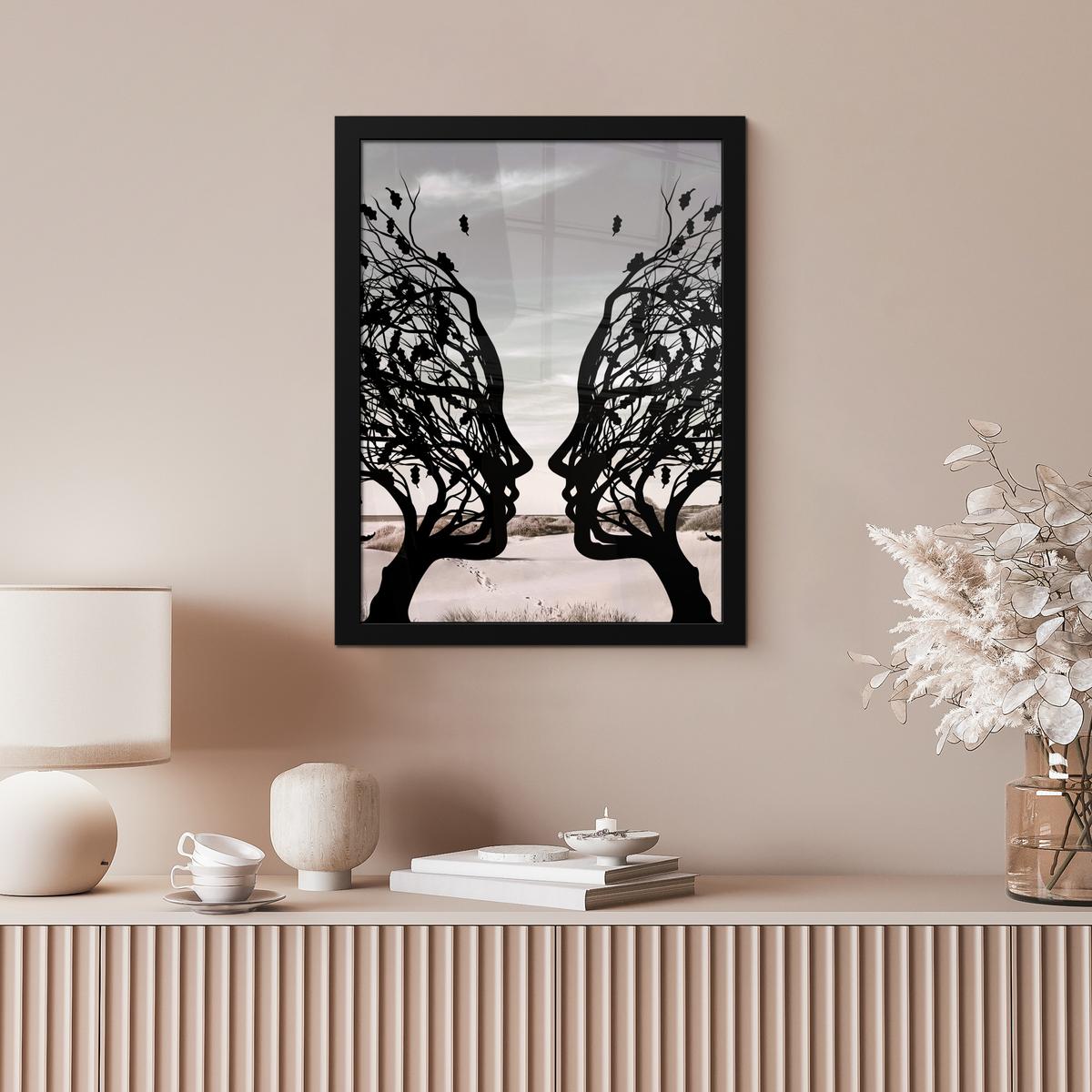 POSTER MIT RAHMEN Strand - Meer - Menschen - Baum - Moderne Kunst Bilderrahmen 30x40 cm - Hellgrau, Papier (30/40cm) - MuchoWow