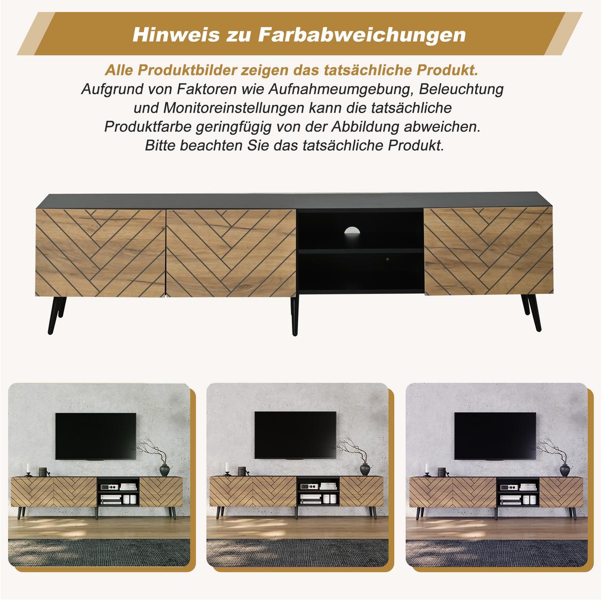 TV-LOWBOARD 180cm Schwarz & Holzoptik für 75 Zoll TV, 3 Türen & Kabelmanagement - Naturfarben, Holzwerkstoff (180/45/33.5cm) - Urban Meuble