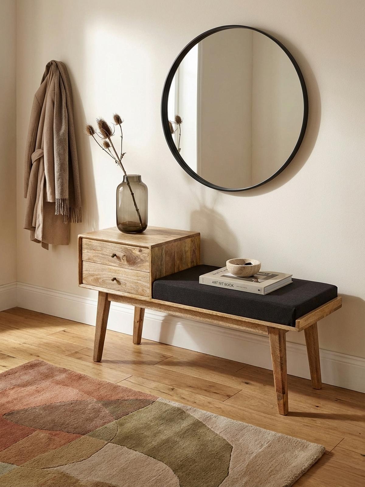 SITZBANK – Mango Holz, Schwarz, Schubladen, Retro-Stil - Schwarz/Braun, Holz/Textil (120/65/40cm) - KADIMA DESIGN