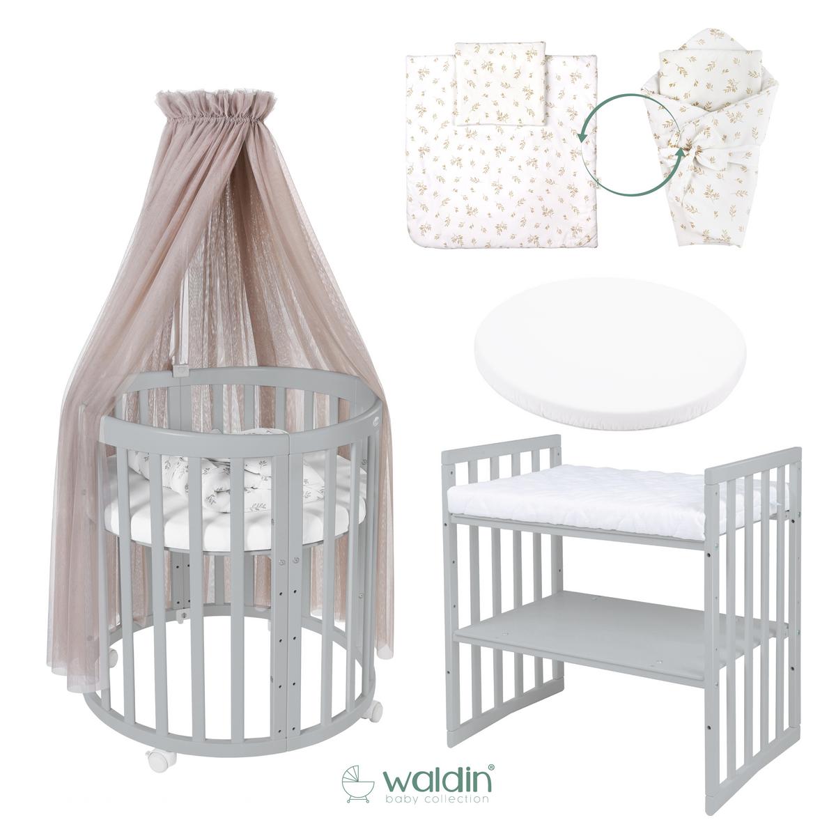 BABYBETT GREY OVAL 7in1 mit Matratze und Himmelset - Taupe/Grau, Holz/Textil (73/125cm) - waldin