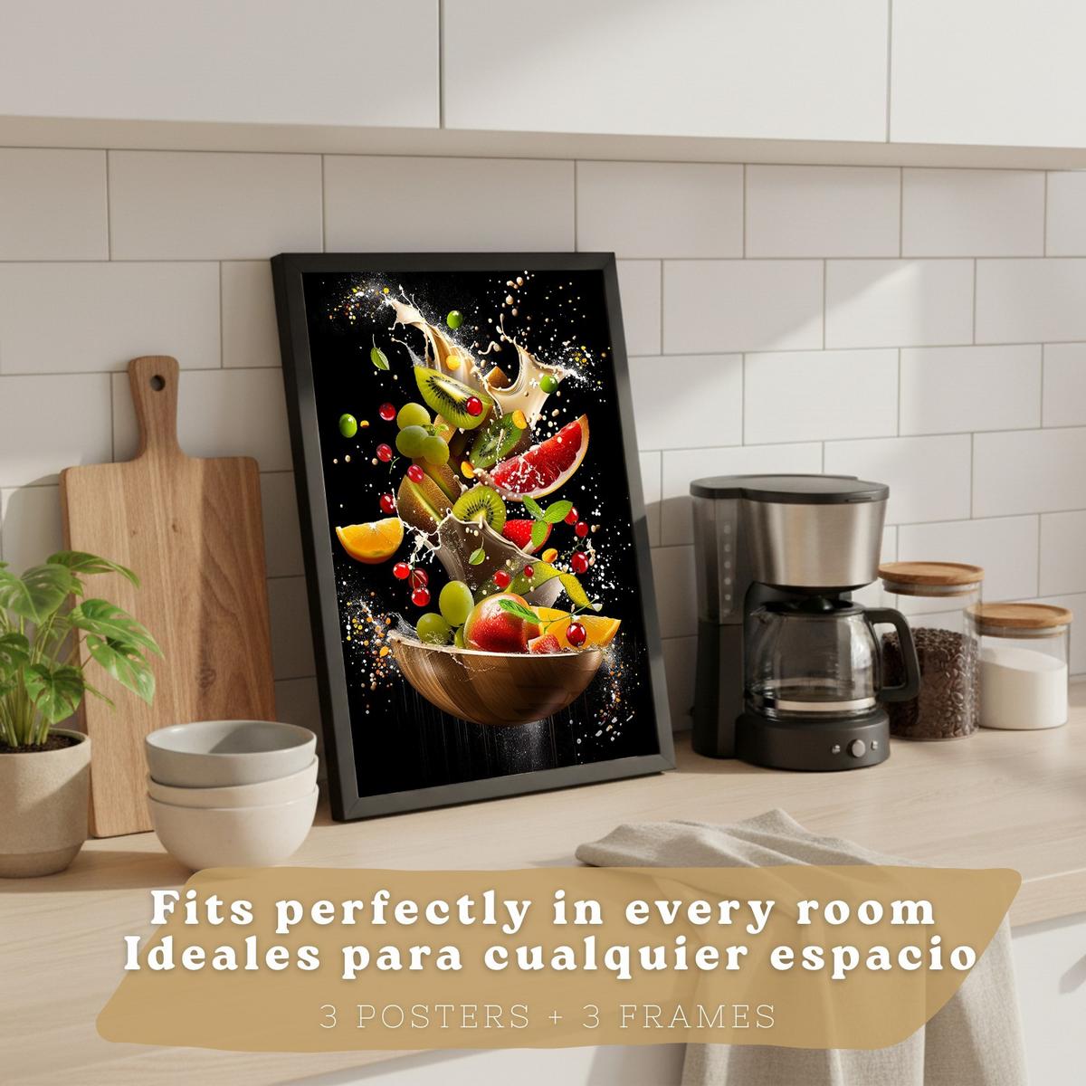 POSTER 3er Set Küchen-Wandbilder Dessert Salat und Obst Splash Fotografie Schwarzer Hintergrund Esszimmer Schwarzer Rahmen A3 - Schwarz, Papier (29.7/1/42cm) - Nacnic