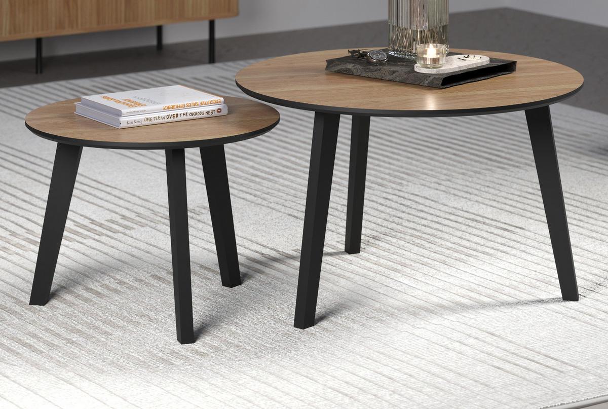 COUCHTISCH 2er Set Eiche, schwarz 2x Beistelltisch rund - Eichefarben/Schwarz, Holzwerkstoff (50/50/39cm) - Top.Furn