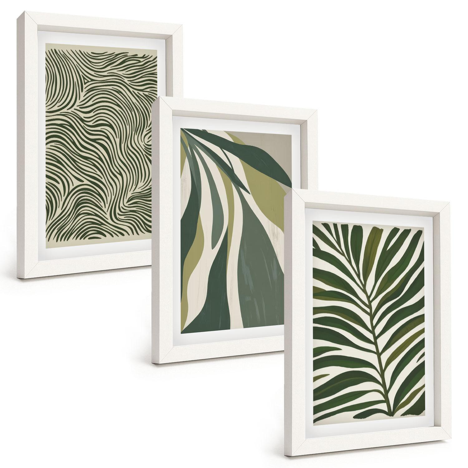 BILDER SET 3er Set - 20x30 cm Weißer Rahmen - Blätter mit wellenförmigen grünen Linien - Weiß, Kunststoff (20/30cm) - TULUP