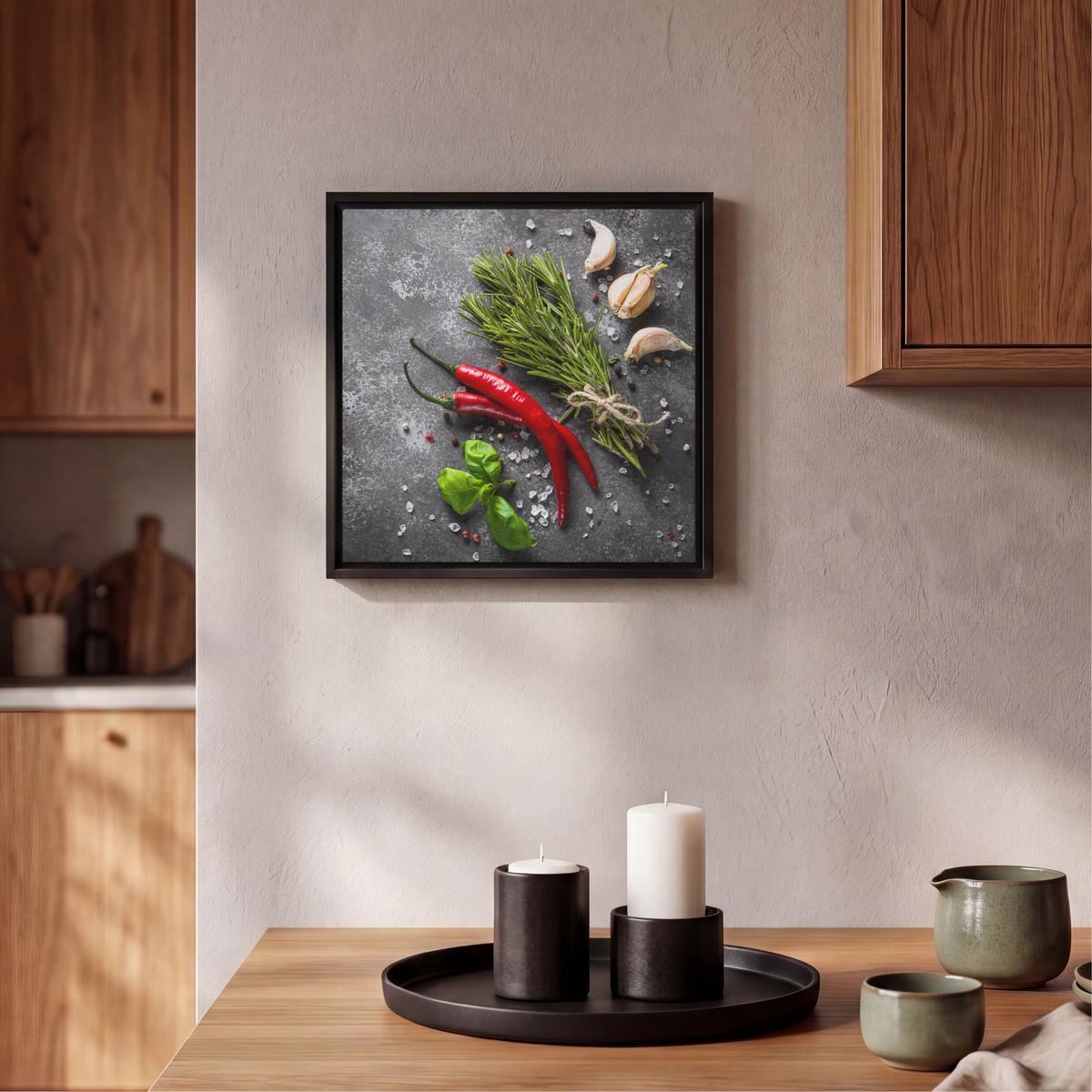 LEINWAND Bilder mit Rahmen - Pfeffer - Kräuter - Gewürze - Beton - 20x20 - Dunkelgrau, Textil (20/20cm) - MuchoWow