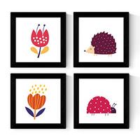 POSTER Set mit 4 ErishIllustrationen, Marienkäfer und Blumen Nordic Stil 20x20cm Rahmenlos - Klar, Papier (20/3cm) - Nacnic