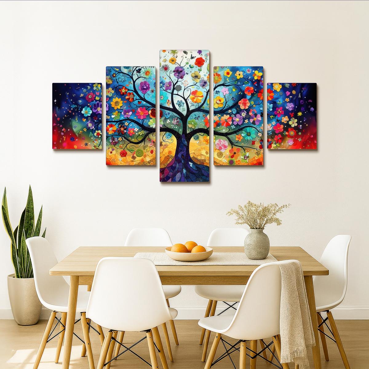 LEINWANDBILD 5er Set Bunt - Baum des Lebens - Blumen - Abstrakt 150x80 cm - Blau, Textil (150/80cm) - MuchoWow