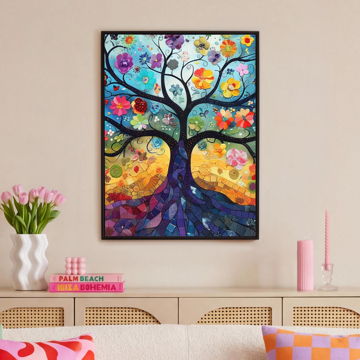 LEINWAND Bilder mit Rahmen - Kunst - Baum des Lebens - Blumen - Hippie - 70x100 - Dunkelblau, Textil (70/100cm) - MuchoWow