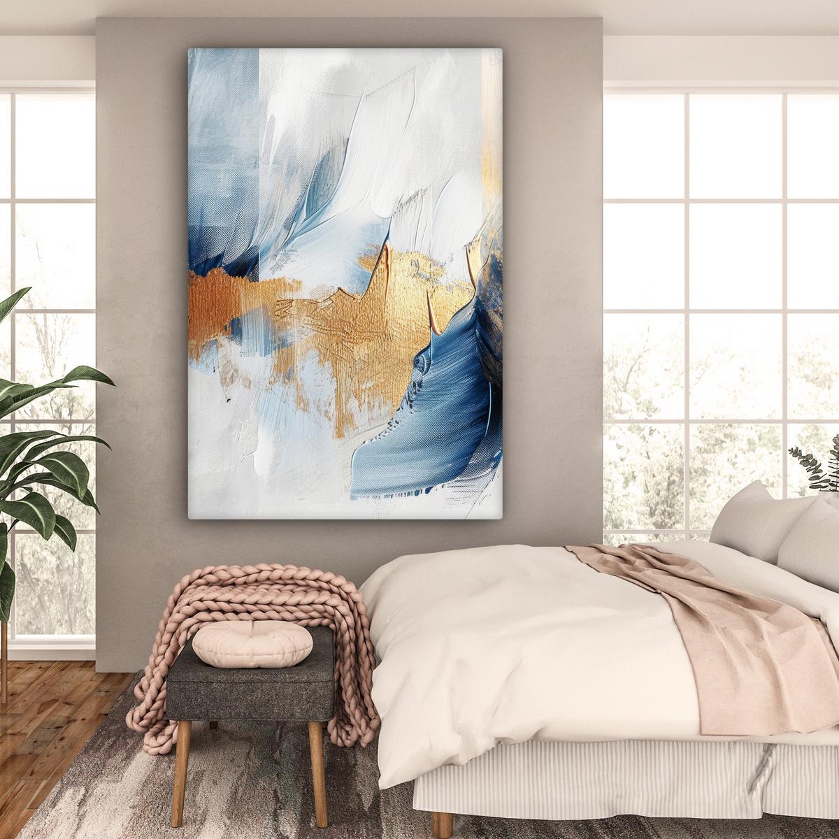 LEINWANDBILD Gold - Blau - Aquarell - Kunst - Modern Deko Groß 90x140 cm - Hellblau, Textil (90/140cm) - MuchoWow