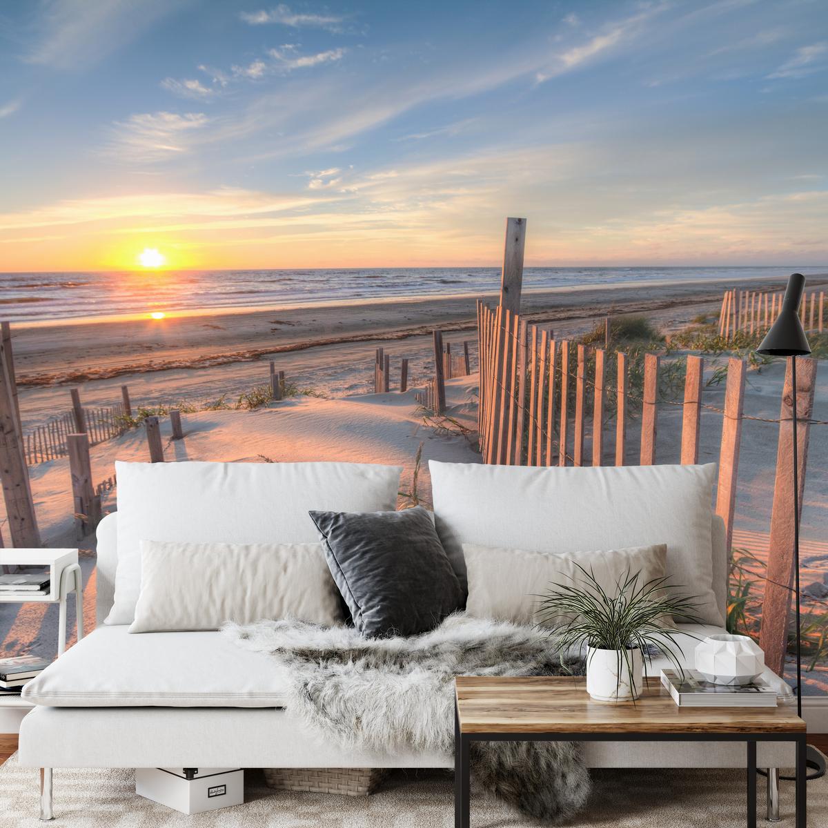 FOTOTAPETE für Wohnzimmer Sonnenaufgang Strand Meer Wellen Dünen 350x256 - Blau/Gelb, Papier (350/256cm) - Muralo