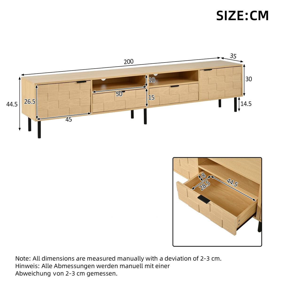 LOWBOARD Naturholzoptik 200cm für 80 Zoll TV, 3D-Dekor, 2 Türen & 2 Schubladen - Naturfarben, Holzwerkstoff (200/44.5/35cm) - Urban Meuble