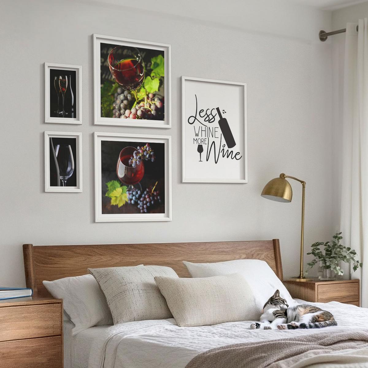 BILDER SET 5er Set - 50x50 cm & 20x30 cm & 40x60 cm Weißer Rahmen - Weingläser mit Trauben und Inschrift - Weiß, Kunststoff (40/60cm) - TULUP