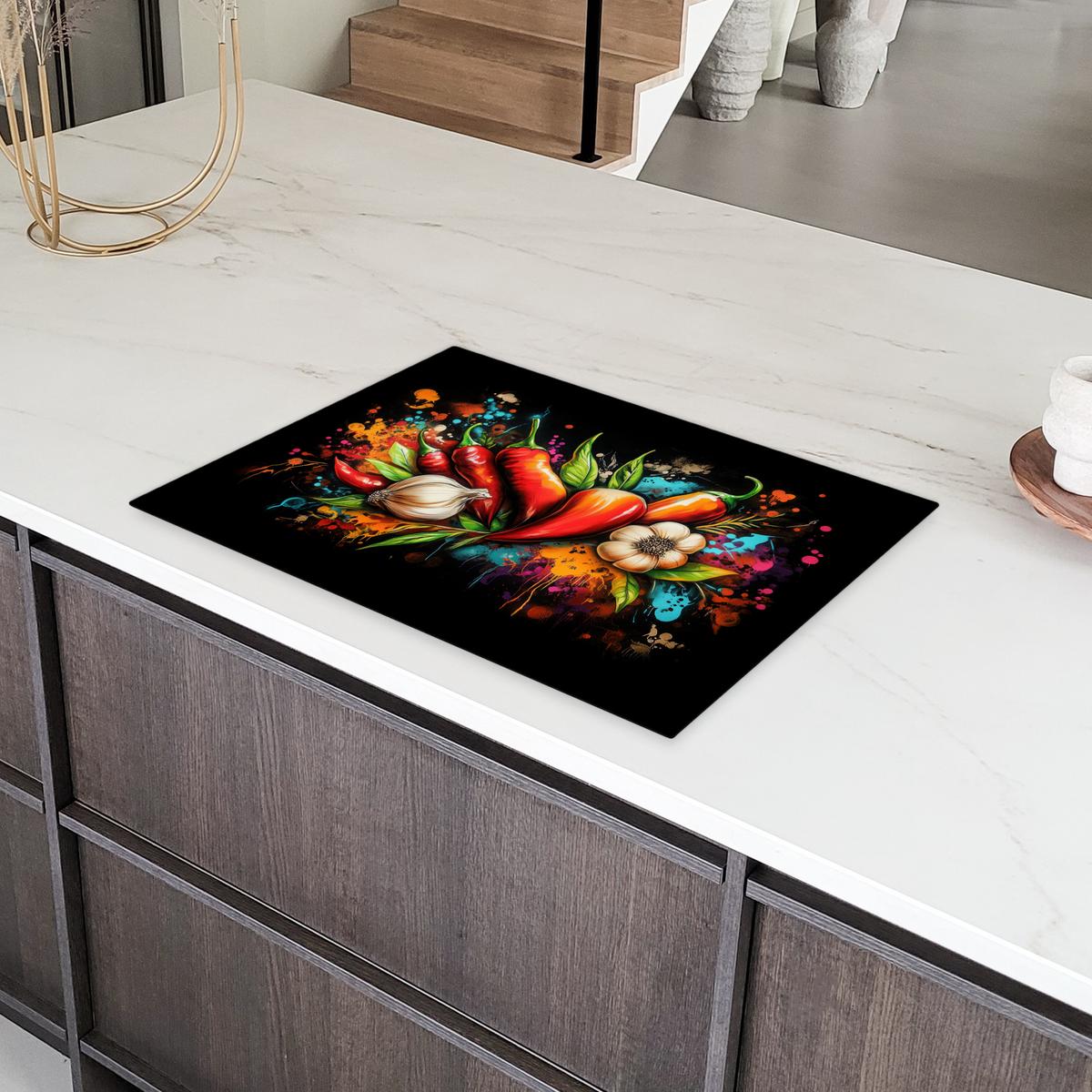 HERDABDECKPLATTE Gemüse - Paprika - Knoblauch - Graffiti - Farbe - Bunt Herdabdeckung Induktionsfeld 75x52 cm - Rot, Kunststoff (75/52/0.2cm) - MuchoWow