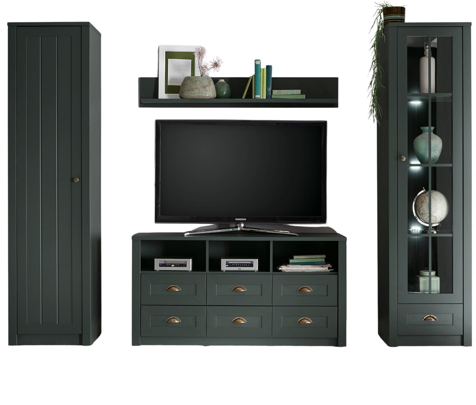 WOHNWAND grün 4-teilig 270 cm Landhaus, Wohnkombination mit viel Stauraum - Chromfarben/Schwarz, Glas/Holzwerkstoff (270/198/43cm) - Furn.Design