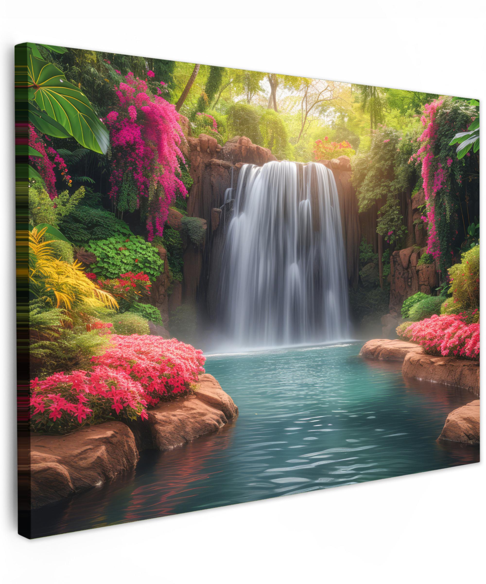 LEINWANDBILD Wasserfall - Natur - Pflanzen - Dschungel - Wasser Wandbilder 80x60 cm - Grün, Textil (80/60cm) - MuchoWow