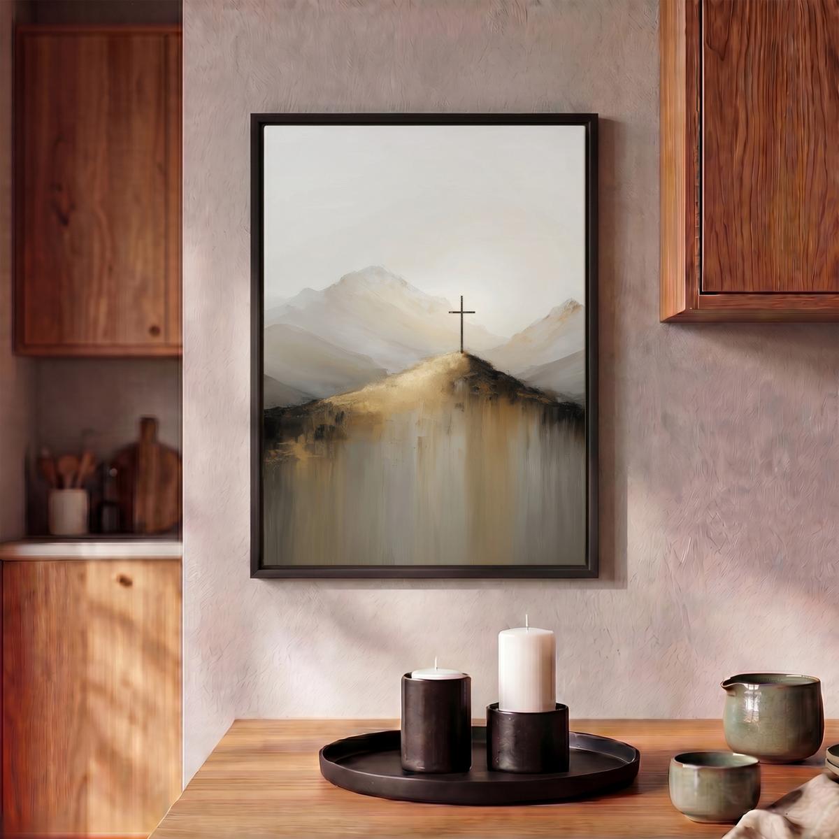 LEINWAND Bilder mit Rahmen - Hügel - Abstrakt - Kreuz - Christentum - 30x40 - Beige, Textil (30/40cm) - MuchoWow
