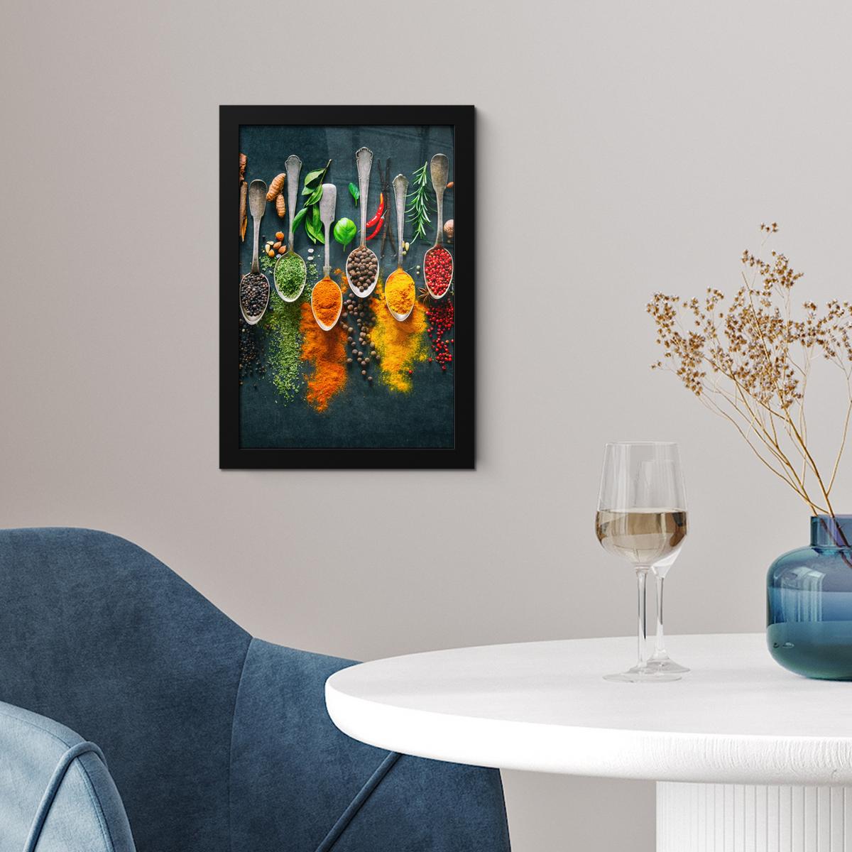 POSTER MIT RAHMENGERAHMTES BILD Kräuter - Gewürze - Löffel Poster 20x30 cm - Currygelb, Papier (20/30cm) - MuchoWow