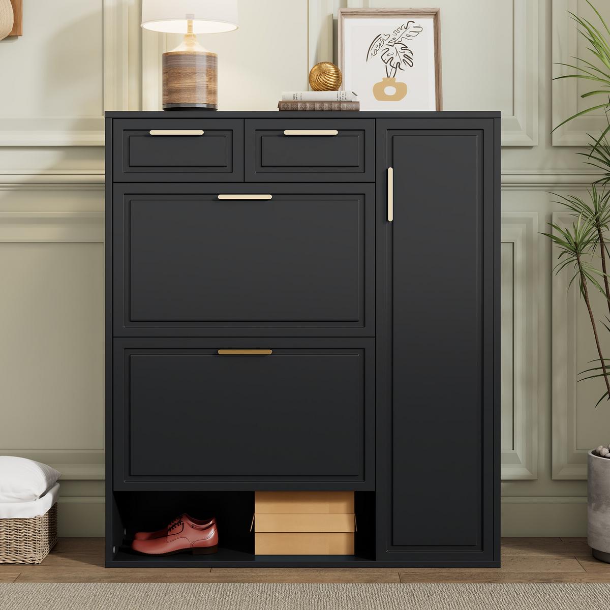 SCHUHSCHRANK mit verstellbaren Regalen und Schubladen, Schwarz - Schwarz, Holzwerkstoff (24/107/95cm) - Urban Meuble