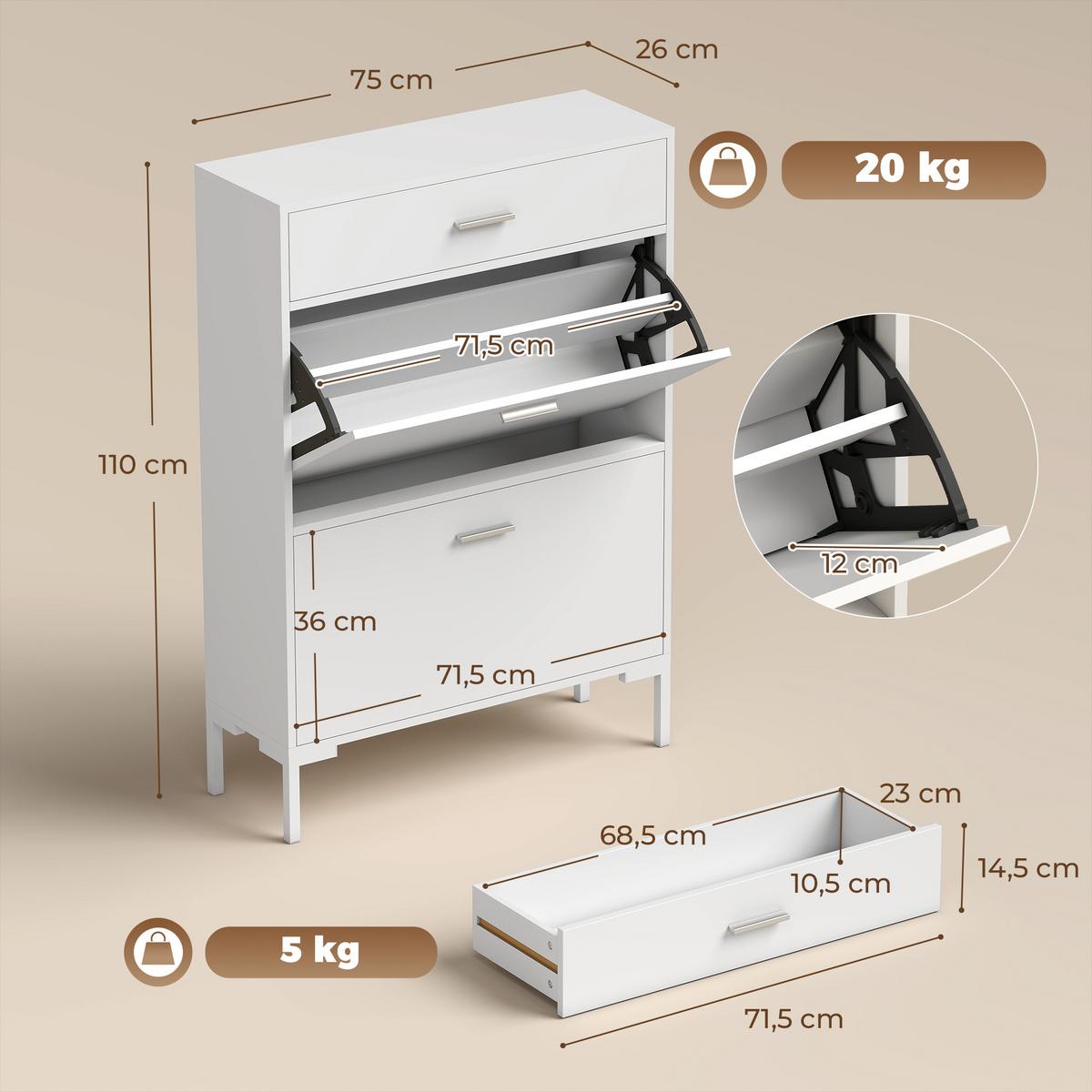 SCHUHSCHRANK MDF Weiß - Weiß, Holzwerkstoff/Metall (26/110/75cm) - HOMCOM