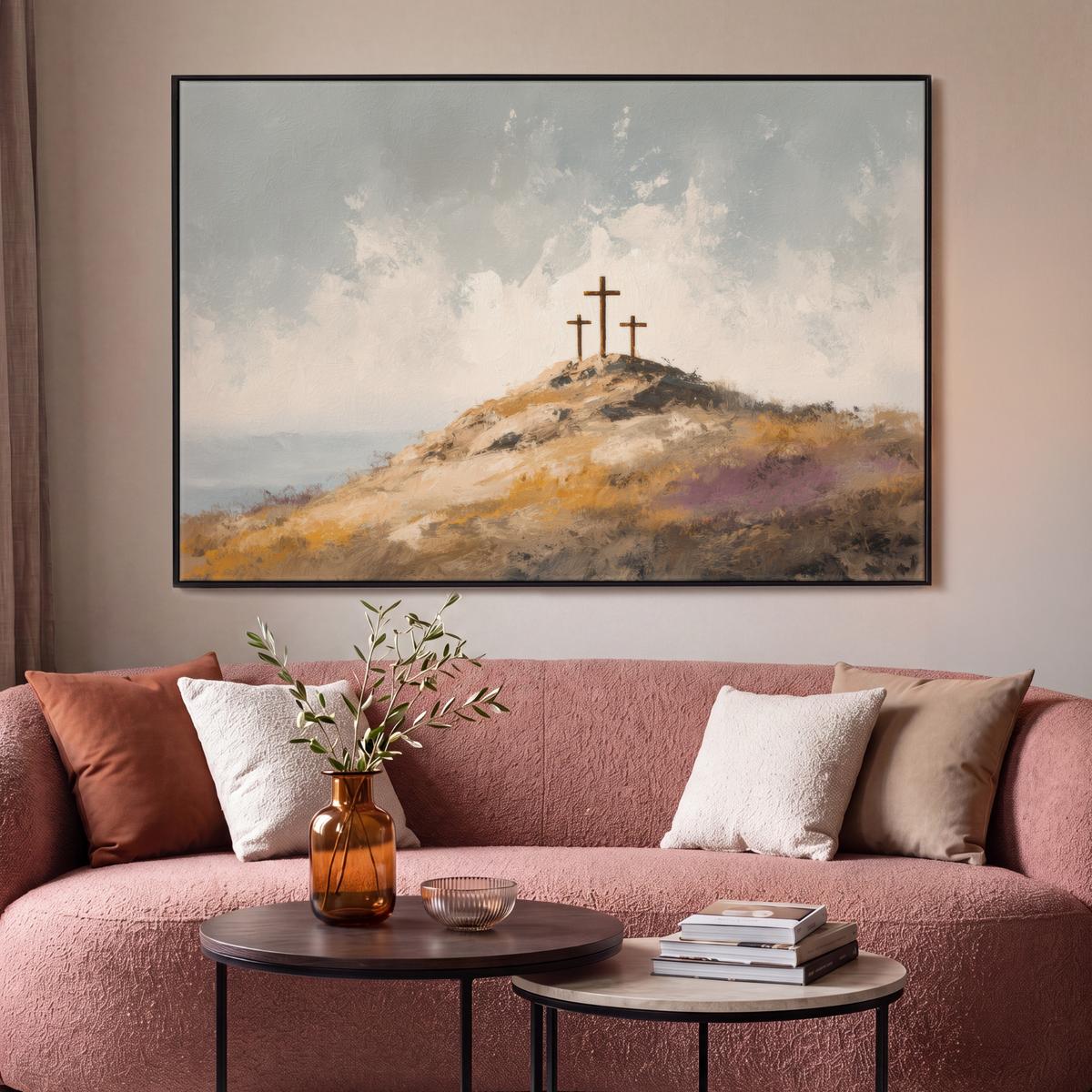 LEINWAND Bilder mit Rahmen - Hügel - Abstrakt - Christentum - Kreuz - 150x100 - Hellgrau, Textil (150/100cm) - MuchoWow