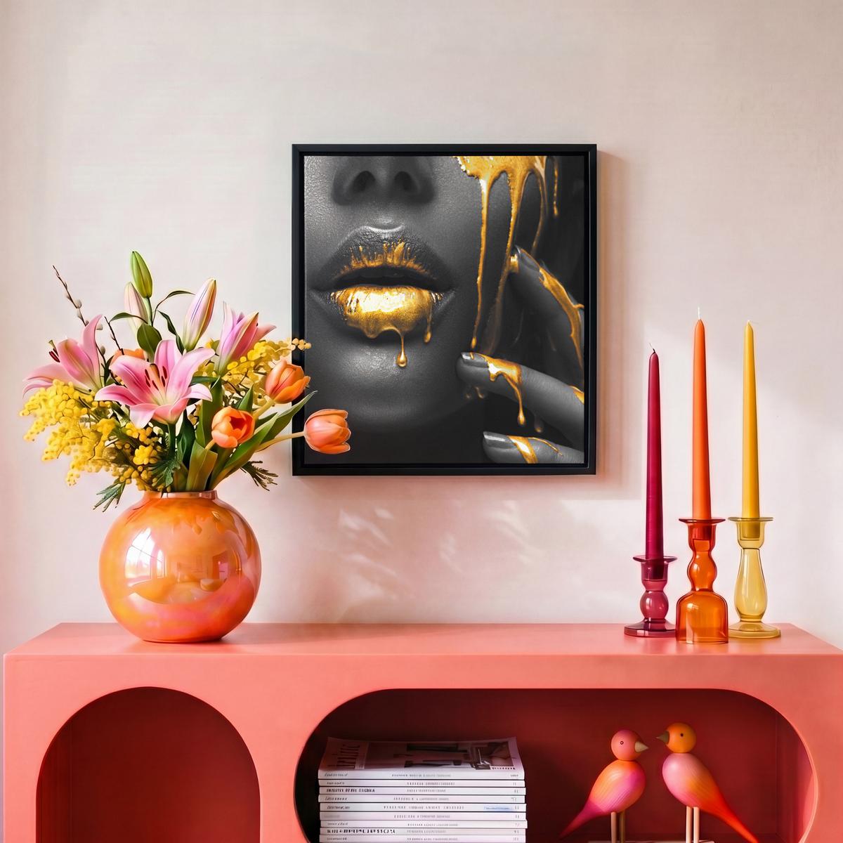 LEINWAND Bilder mit Rahmen - Frau - Schwarz - Gold - Gesicht - Lippen - 20x20 - Goldfarben, Textil (20/20cm) - MuchoWow