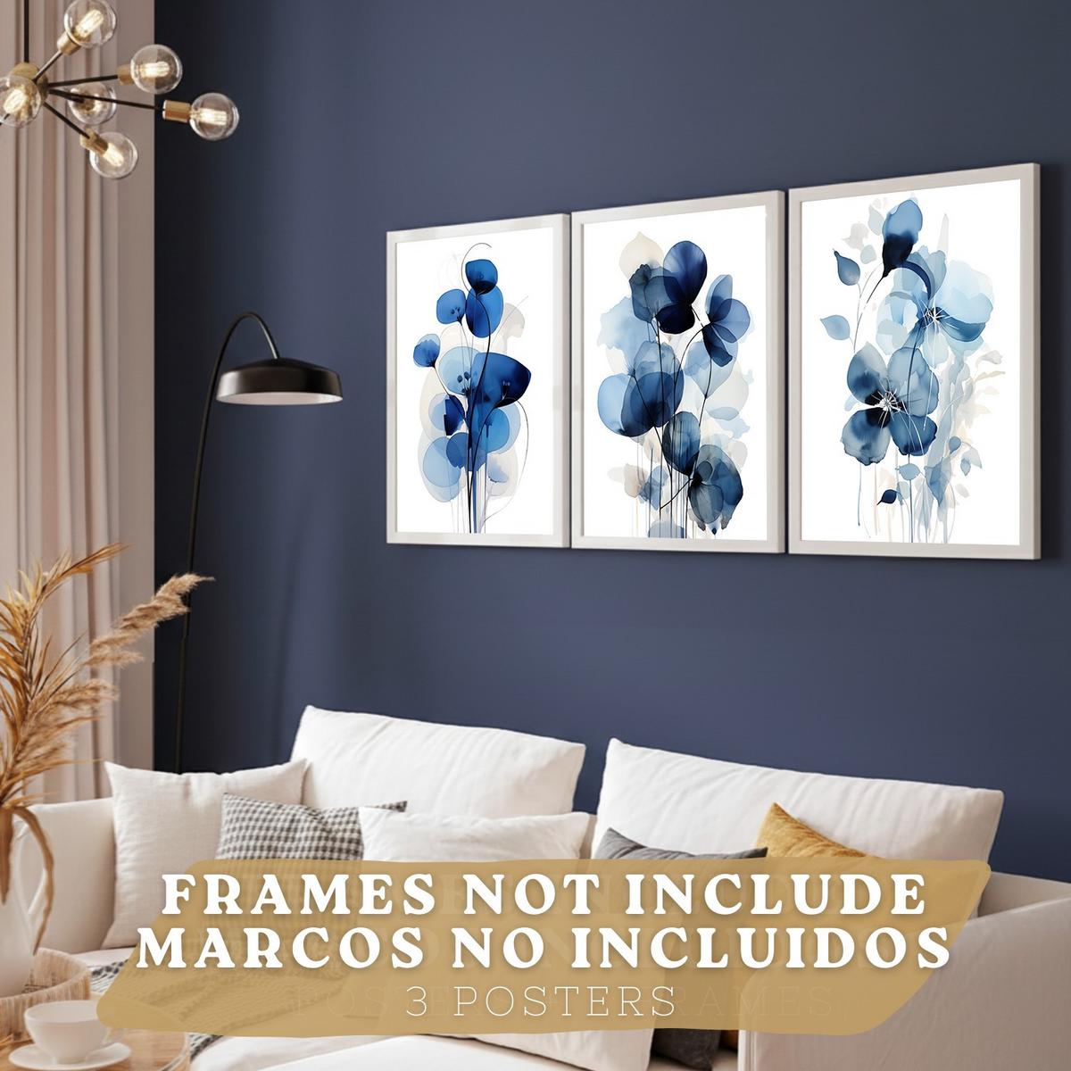 POSTER 3er-Set Wandbilder Blumen Blau modern Wohnzimmer Deko, Schlafzimmer, Küche, Badezimmer Rahmenlos A3 - Klar, Papier (29.7/1/42cm) - Nacnic