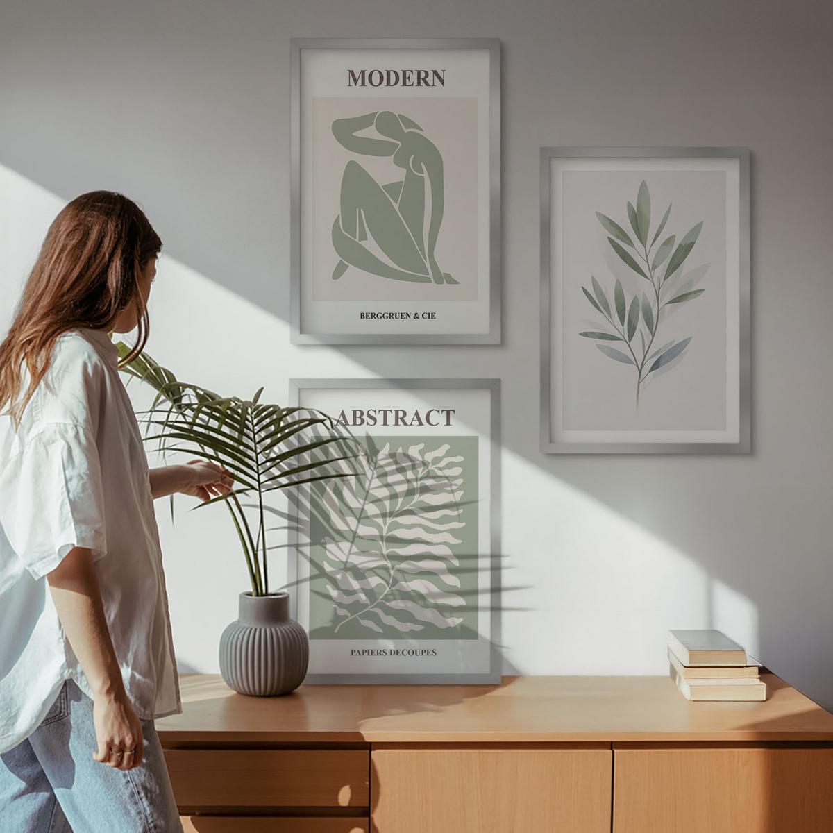 BILDER SET 3er Set - 40x60 cm Silberner Rahmen - Matisse Aquarell Boho-Design - Silberfarben, Kunststoff (40/60cm) - TULUP