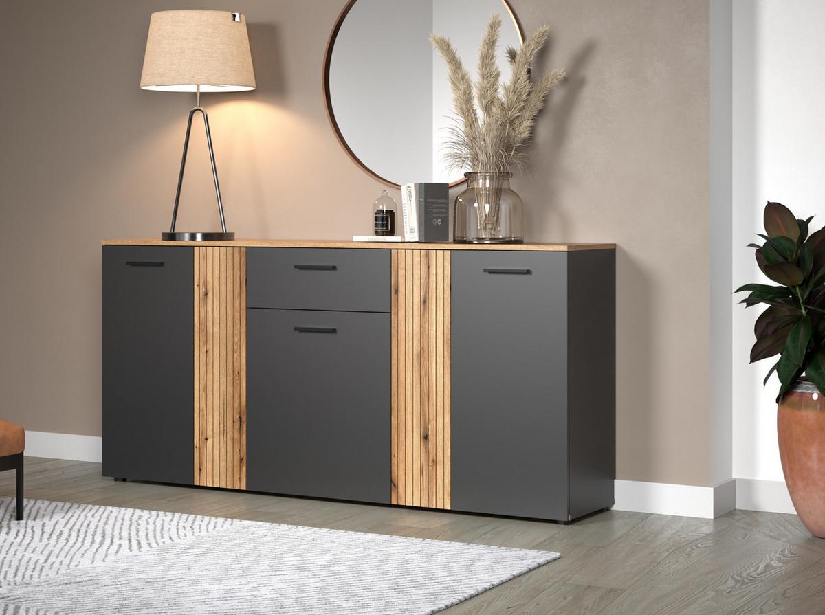 SIDEBOARD grau, Evoke Eiche 181 cm, Kommode mit viel Stauraum - Eichefarben/Anthrazit, Holzwerkstoff/Kunststoff (181/86/38cm) - Top.Furn
