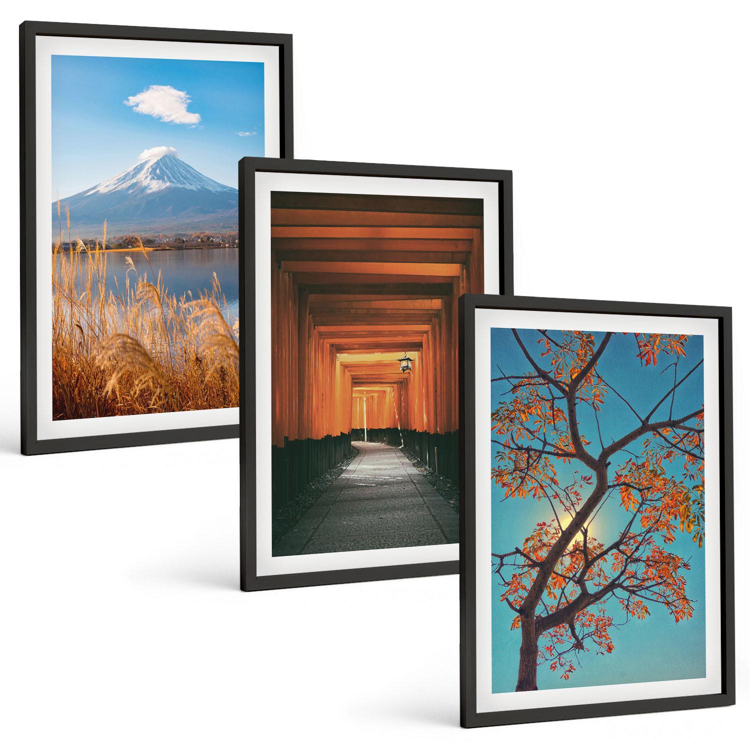BILDER SET 3er Set - 40x60 cm Schwarzer Rahmen - Japanische Naturlandschaften - Schwarz, Kunststoff (40/60cm) - TULUP