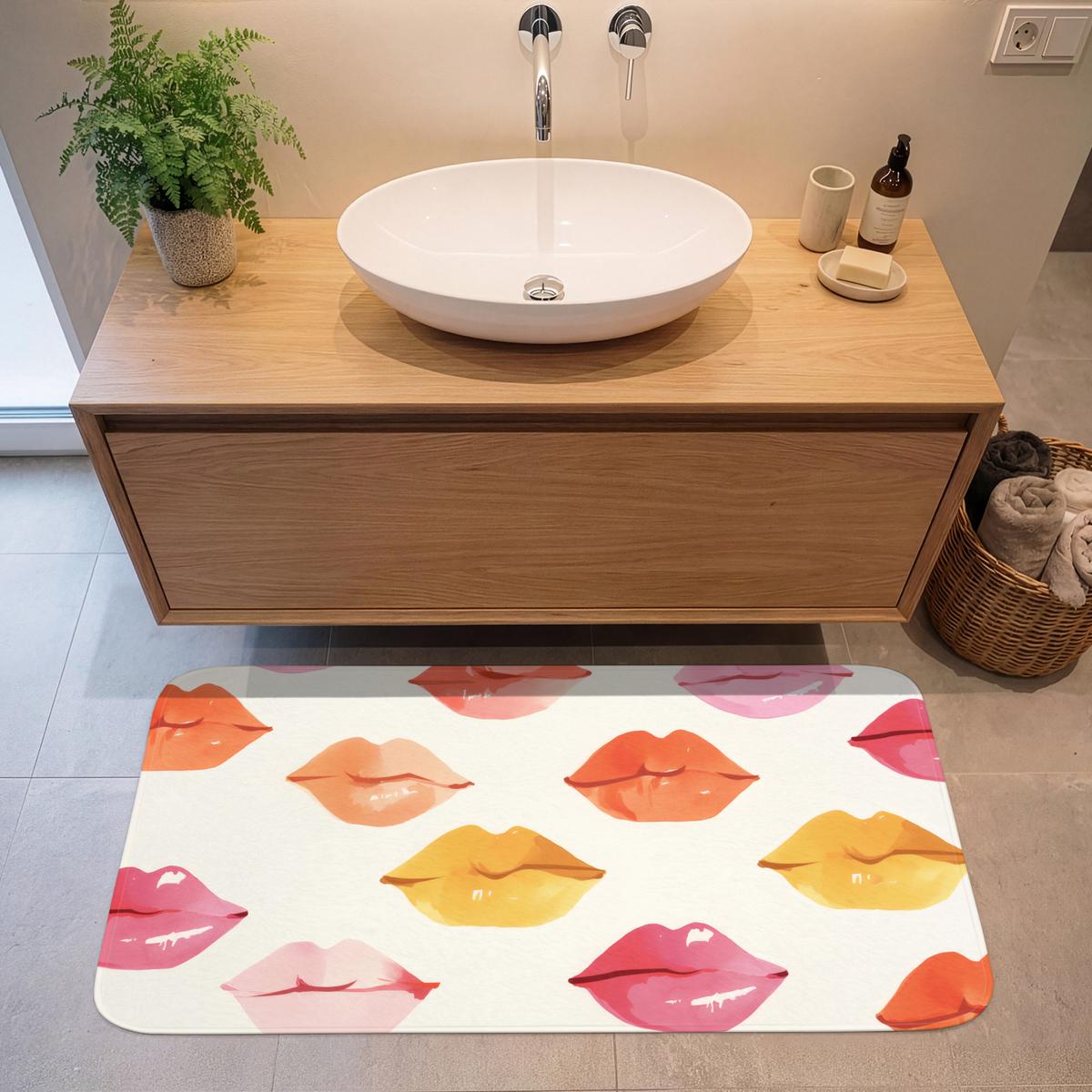 BADEMATTE Lippen - Bunt - Glänzend 120x60 cm - Rosa, Textil (120/60cm) - OnlyWow