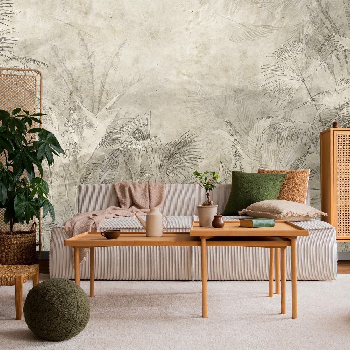 FOTOTAPETE für Schlafzimmer Vintage Botanische Blätter Tropisch 150x105 - Beige/Braun, Papier (150/105cm) - Muralo