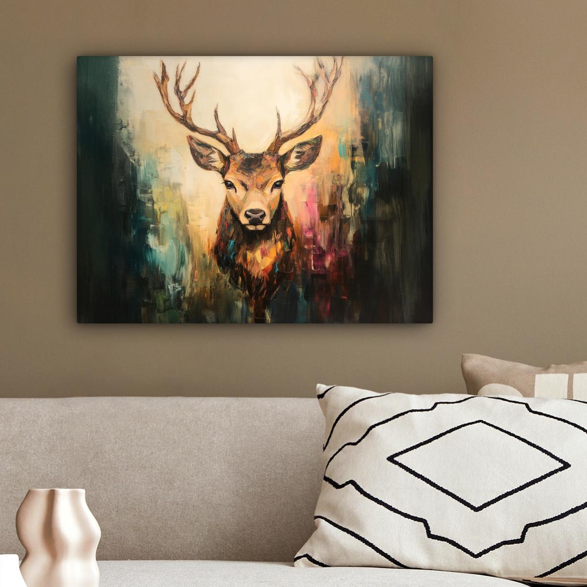 LEINWANDBILD Hirsch - Gemalt - Geweih - Braun Wandbild 40x30 cm - Haselnussfarben, Textil (40/30cm) - MuchoWow