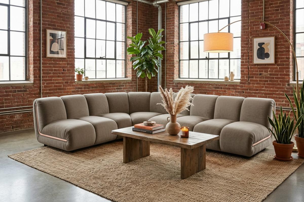MODULSOFA LAYLA Taupe Velvet - Taupe/Schwarz, Buchenholz/Textil (305/213cm) - KAWOLA
