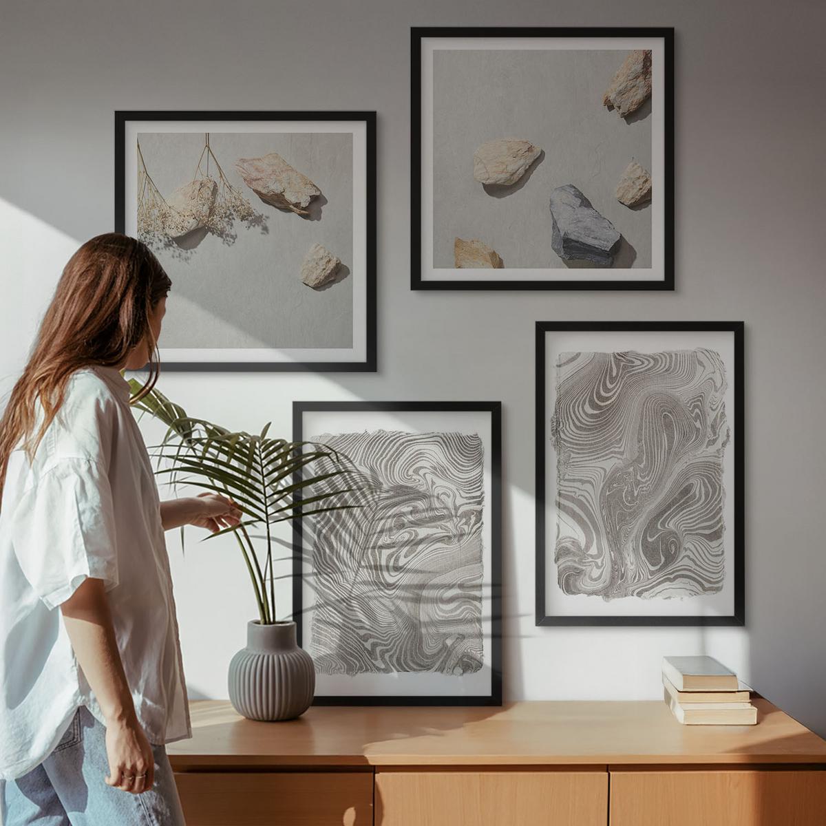 BILDER SET 4er Set - 50x50 cm & 40x60 cm Schwarzer Rahmen - Moderne abstrakte Formen - Schwarz, Kunststoff (50/50cm) - TULUP