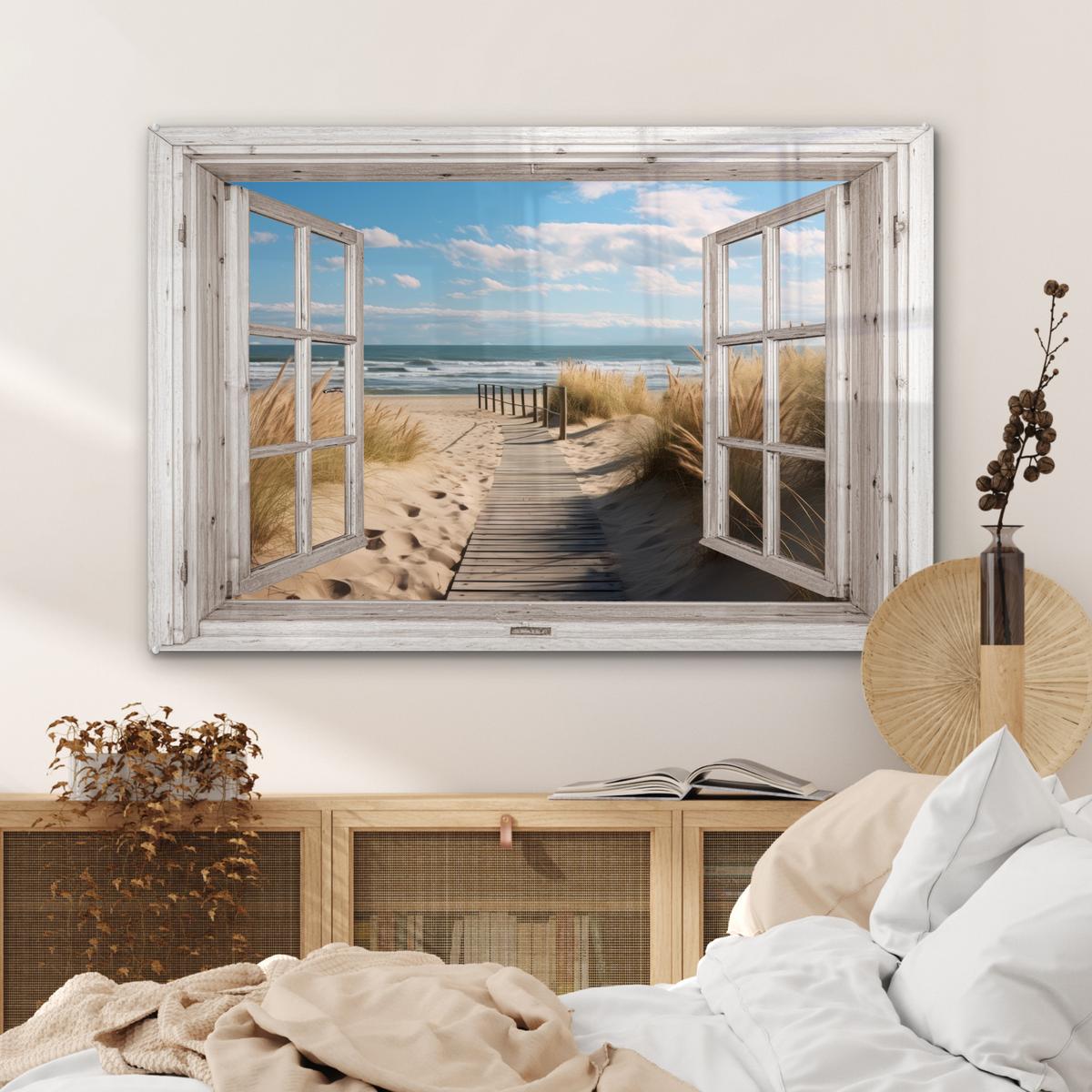 ACRYLGLASBILD Fenster - Meer - Küste - Natur - Ausblick - Strand - Wattenmeer Wandbild Schlafzimmer 120x80 cm - Beige, Glas (120/80cm) - MuchoWow