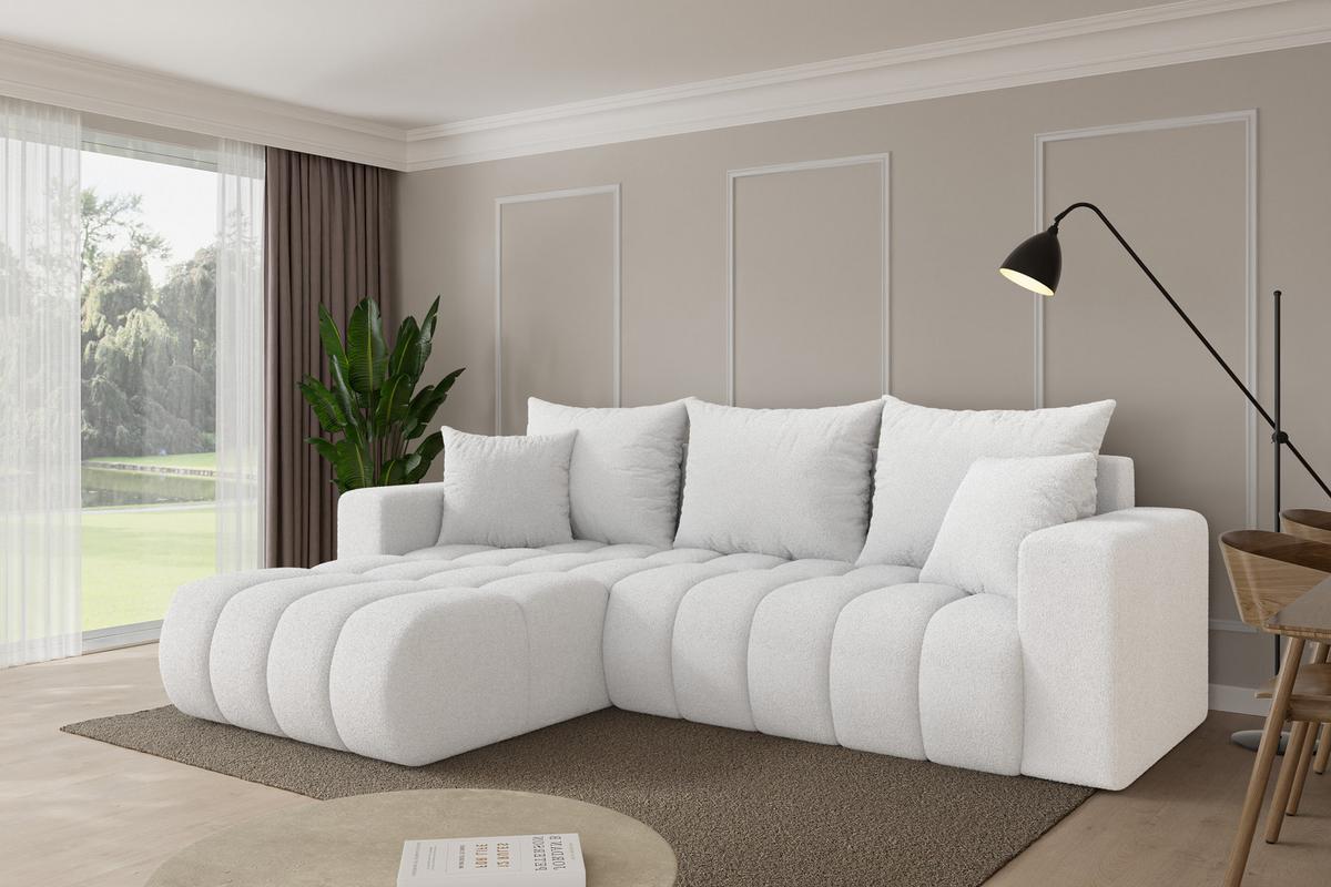 ECKSOFA mit Schlaffunktion Ottomane Links MILA-L-v1 277x195x86 Weiß Bouclé - Schwarz/Weiß, Holzwerkstoff/Kunststoff (277/194cm) - ALTDECOR