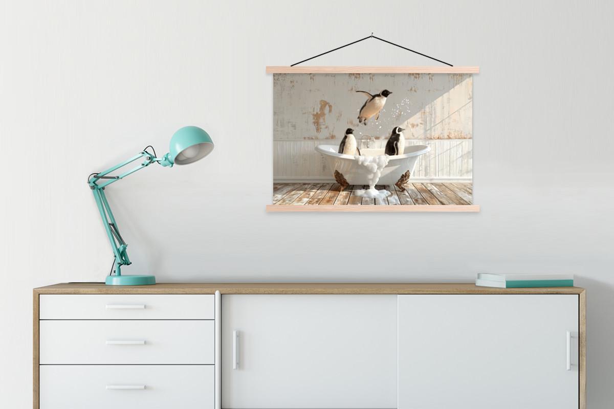POSTER MIT MAGNETLEISTEN Vintage - Pinguin - Badewanne - Schaumstoff Wanddeko 90x60 cm - Schwarz, Textil (90/60/0.15cm) - MuchoWow