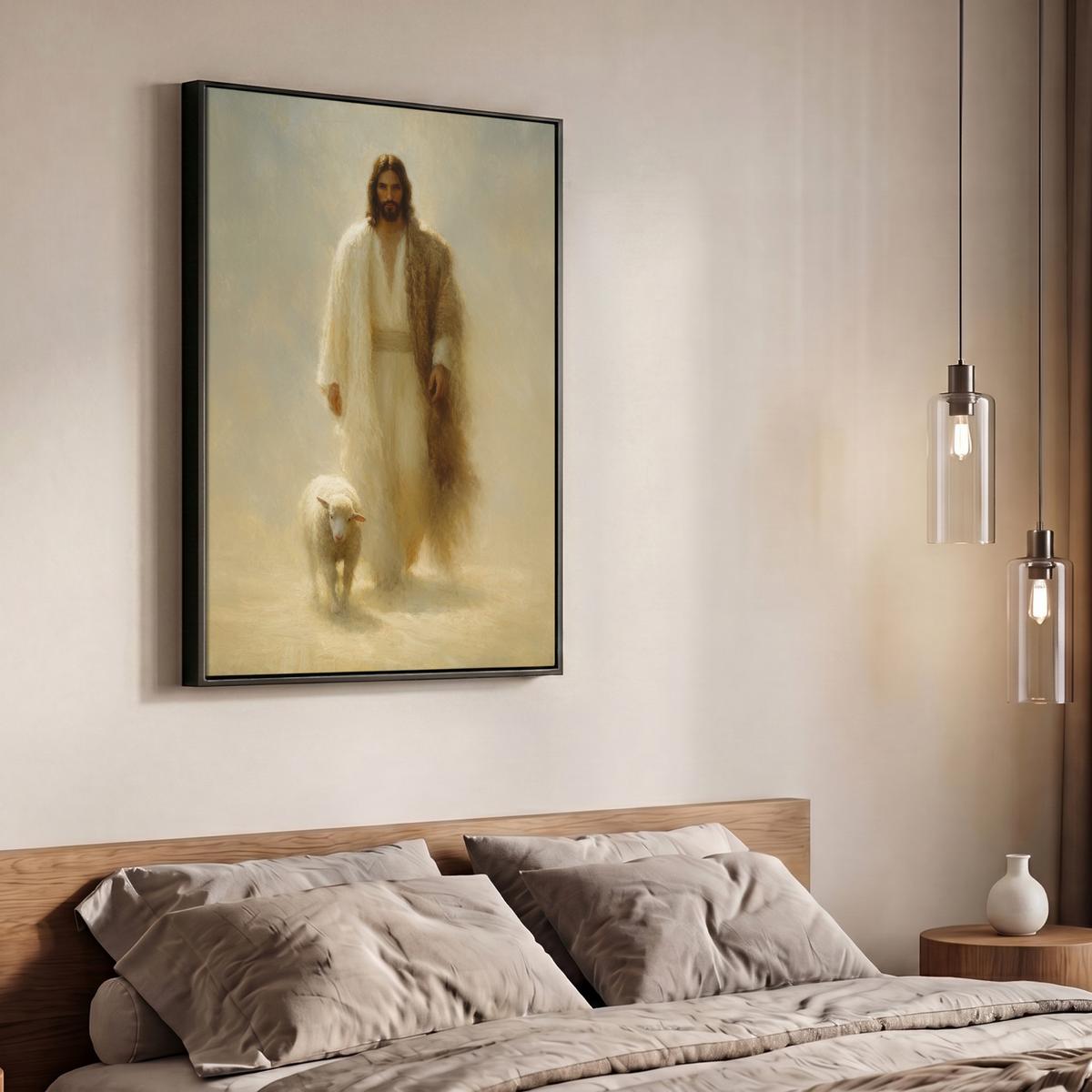 LEINWAND Bilder mit Rahmen - Schaf - Jesus - Pinselstriche - Abstrakt - 70x100 - Beige, Textil (70/100cm) - MuchoWow