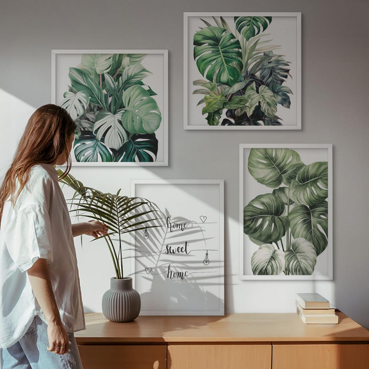 BILDER SET 4er Set - 50x50 cm & 40x60 cm Weißer Rahmen - Aquarell-Monstera-Blätter - Weiß, Kunststoff (50/50cm) - TULUP