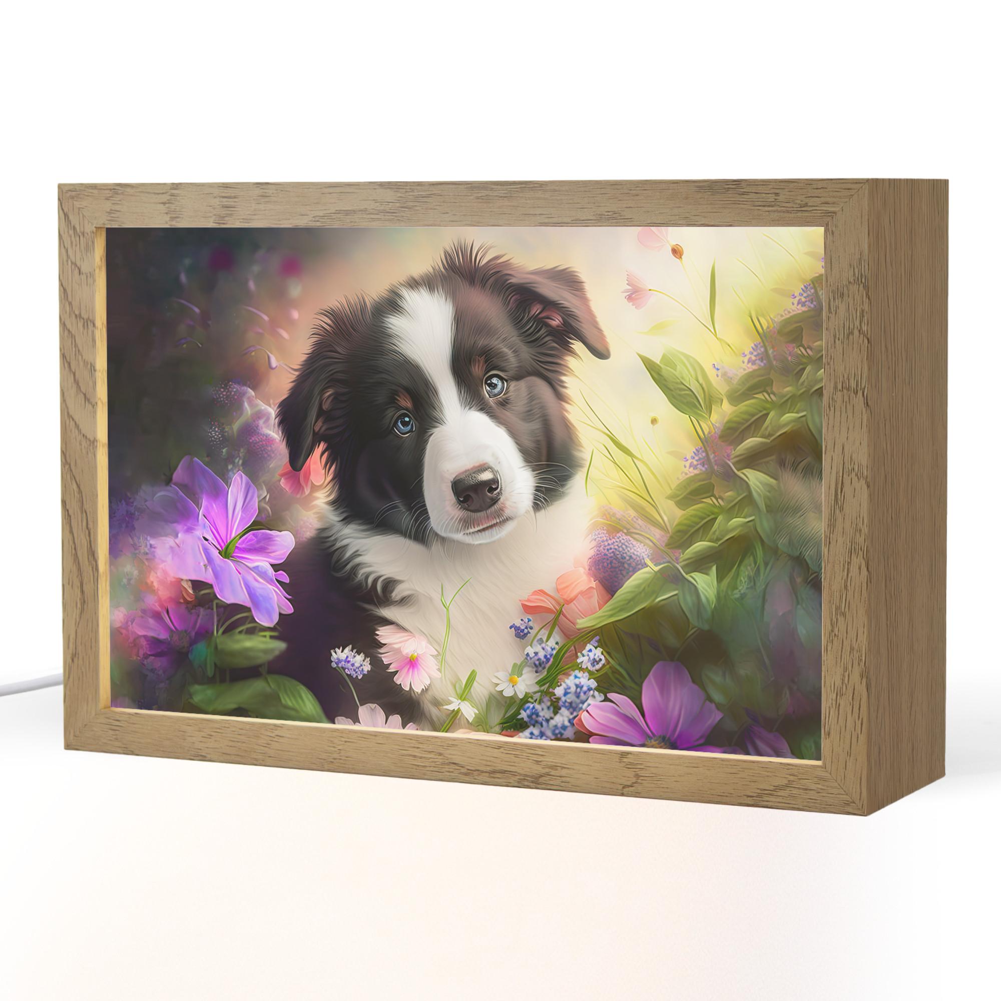 NACHTTISCHLAMPE Welpe - Sonne - Blumen - Natur - Border Collie - Hund 30x20 cm - Violett, Holzwerkstoff (8/30/20cm) - OnlyWow
