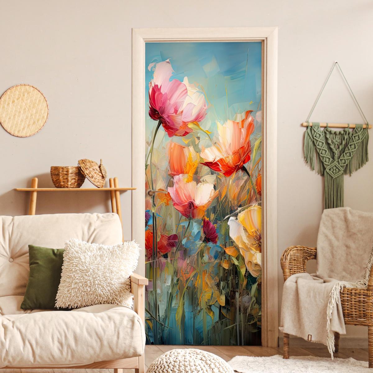 TÜRAUFKLEBER Blumen - Aquarell - Kunst - Botanisch - Natur 85x215 cm - Türtapete - Orange, Kunststoff (85/0.1cm) - MuchoWow