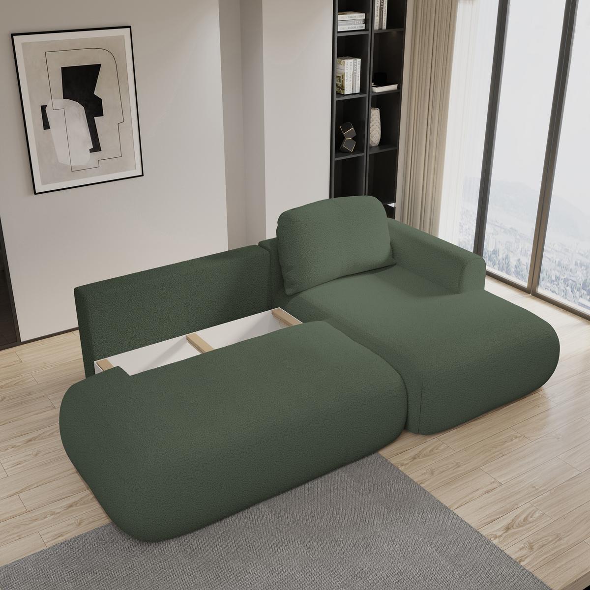 ECKSOFA NUVIRA R-S Grün Boucle-Stoff mit Schlaffunktion - Grün, Holz (279/158cm) - MASSENO