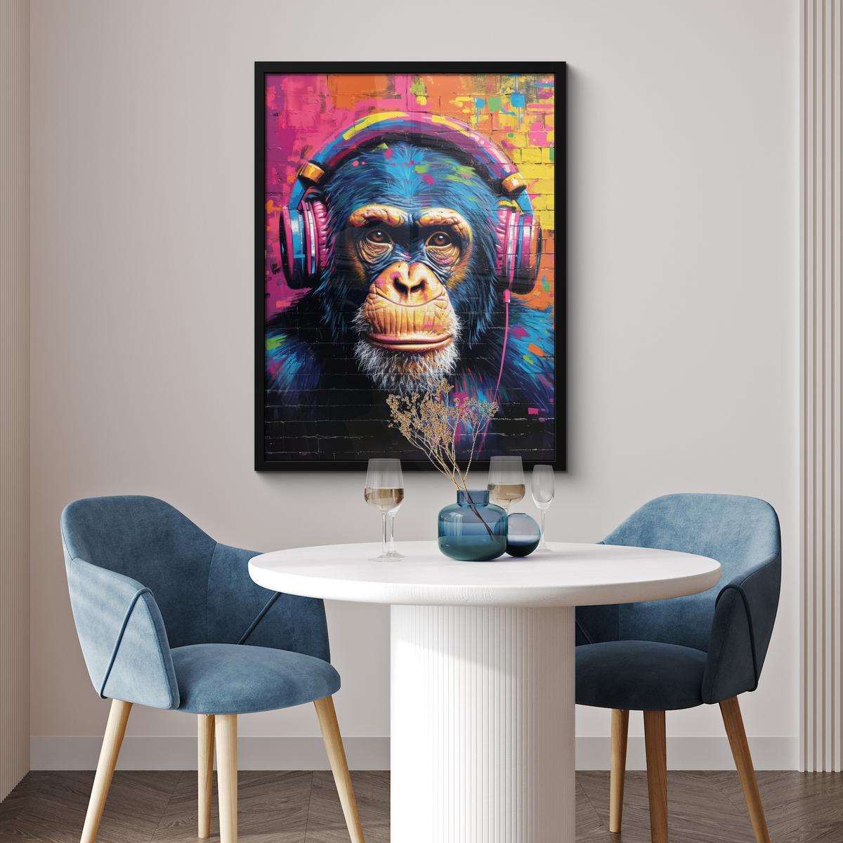 POSTER MIT RAHMEN Graffiti - Schimpanse - Straßenkunst - Kopfhörer - Affe Posterleiste 60x80 cm - Blau, Papier (60/80cm) - MuchoWow