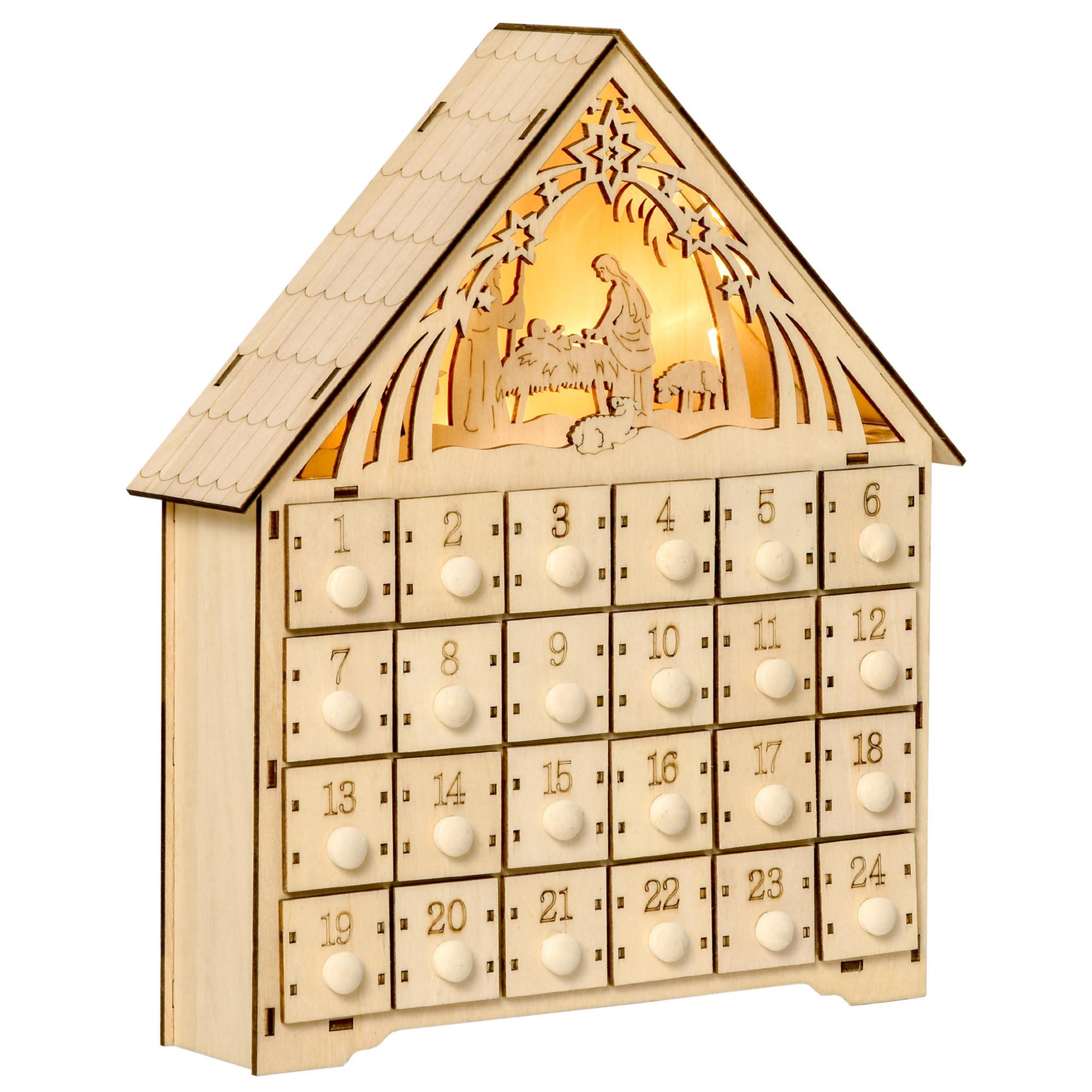 ADVENTSKALENDER Weihnachtskalender 24 Schubladen mit LED-Lichtern MDF Naturholz - Naturfarben, Holz (6/30/26.6cm) - HOMCOM