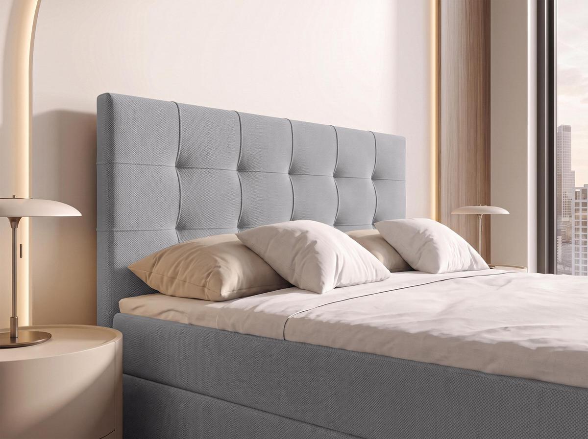 BOXBETT DEFNE 140x200 cm mit Fußteil und Matratze - Hellgrau + TOPPER - Hellgrau/Schwarz, Holz/Holzwerkstoff (140/200cm) - AX Living