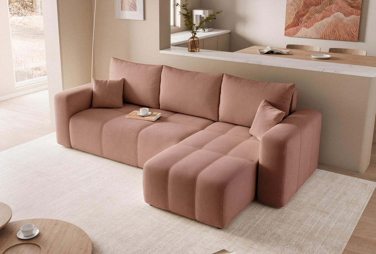 ECKSOFA Puderrosa Velours mit Bettkasten und Schlaffunktion - Rosa, Textil (248/145cm) - Idohome