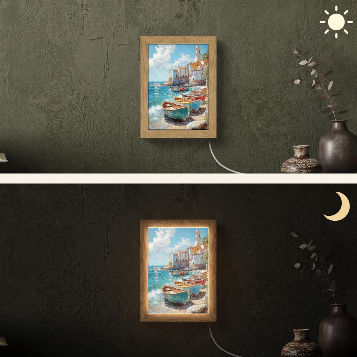 WANDLEUCHTE Boote - Felsen - Meer - Sonne 15x20 cm - Blau, Holzwerkstoff (15/20/8cm) - OnlyWow