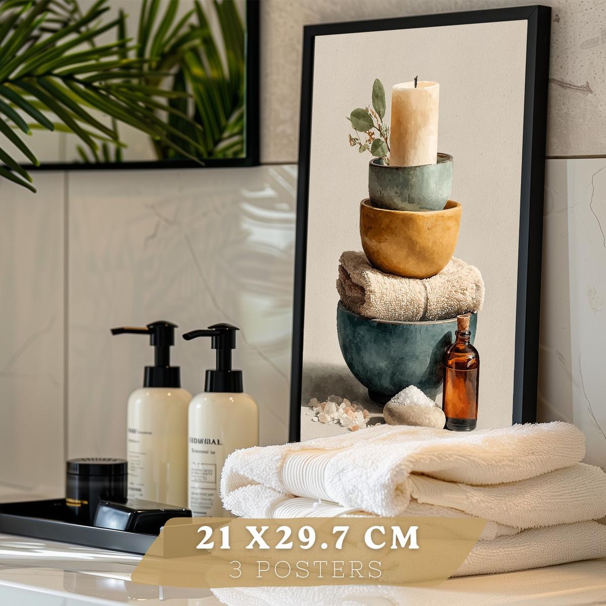 POSTER Set aus 3 Badezimmer Wandbildern und Drucke zur Dekoration für Waschbecken Dusche WC mit Kerzen Seifen und Handtüchern Schwarzer Rahmen A4 - Schwarz, Papier (29.7/21/3cm) - Nacnic